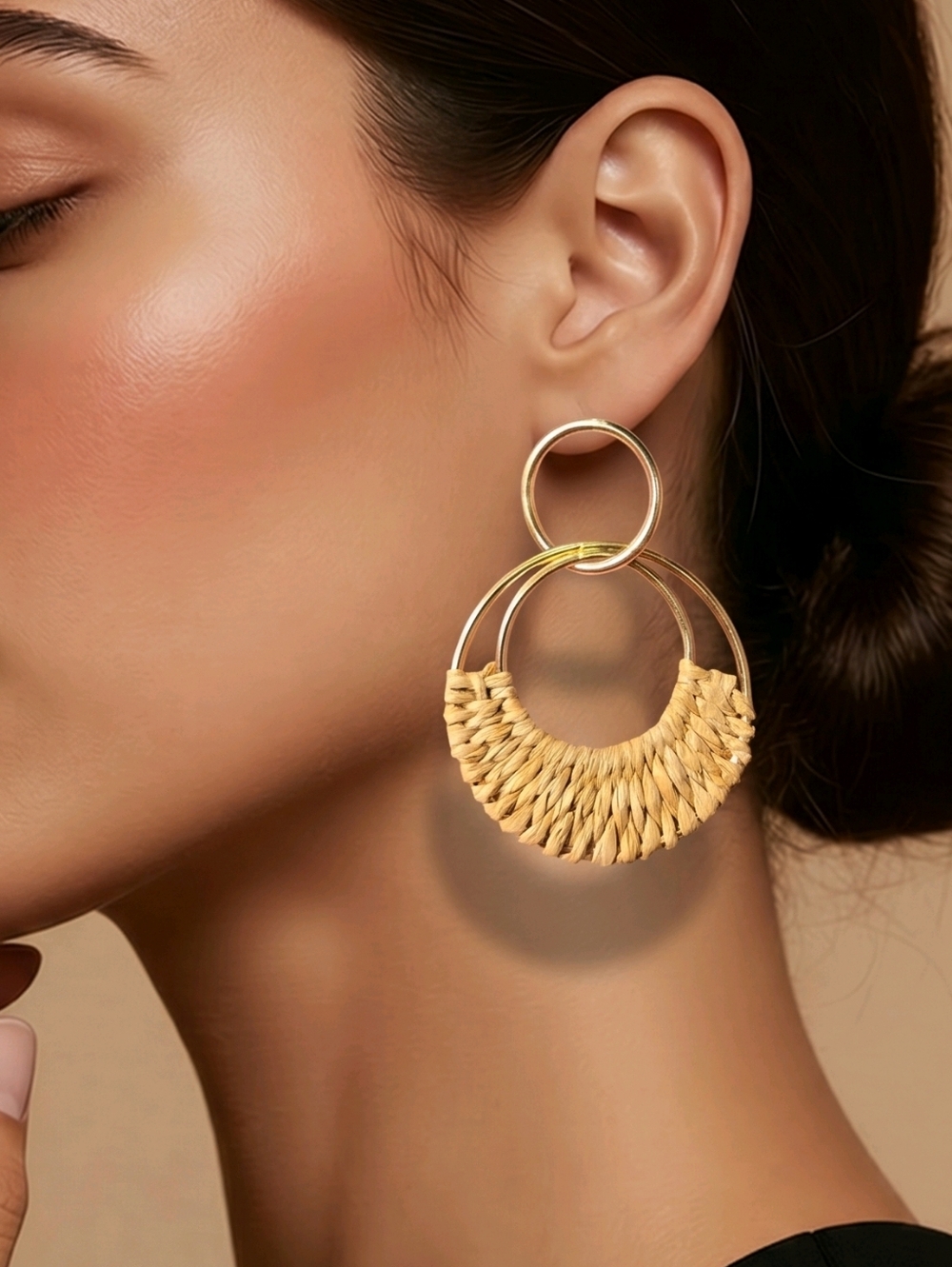 Rattan Hoop Earrings Gold Woven Raffia Statement Boho Coastal Resort Earrings